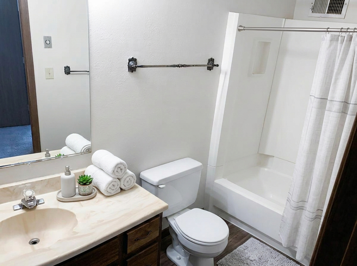 Bathroom with tub, sink and toilet (virtually staged)