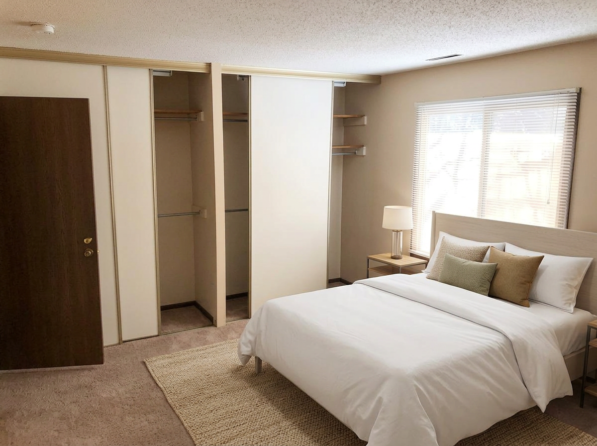 Primary bedroom with dual closets (virtually staged)