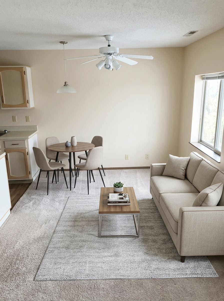 Living and dining area off the kitchen (virtually staged)