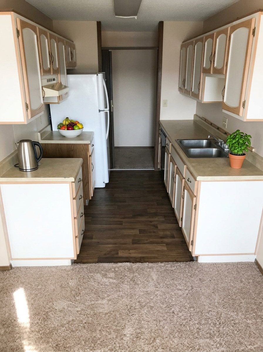 Galley kitchen with full appliances (photo enhanced for brightness and clarity)