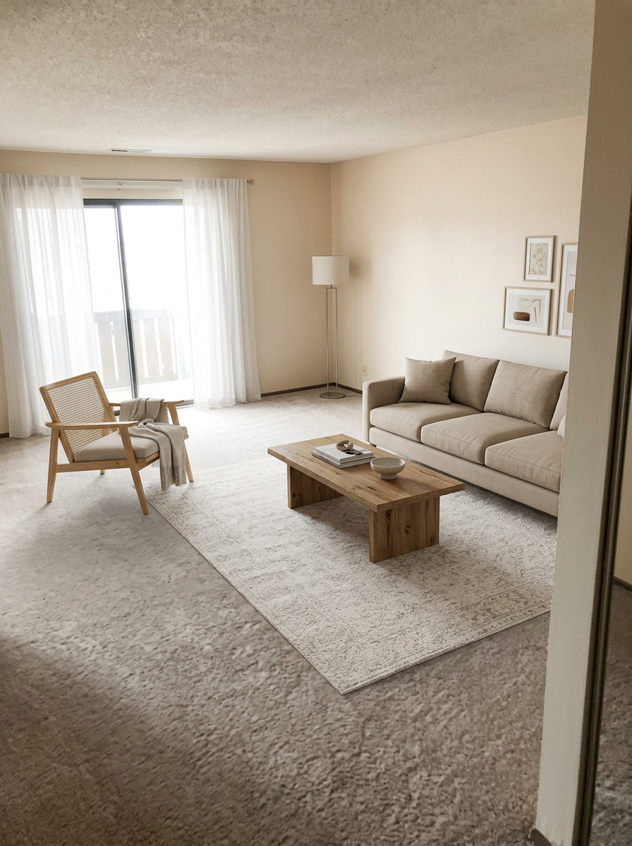 Spacious living room with sliding patio door (virtually staged)