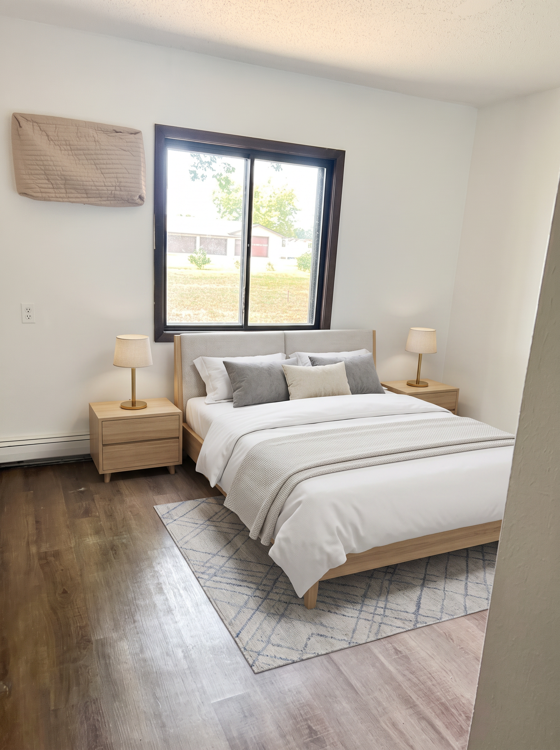 Primary bedroom with large window (photo enhanced and virtually staged)
