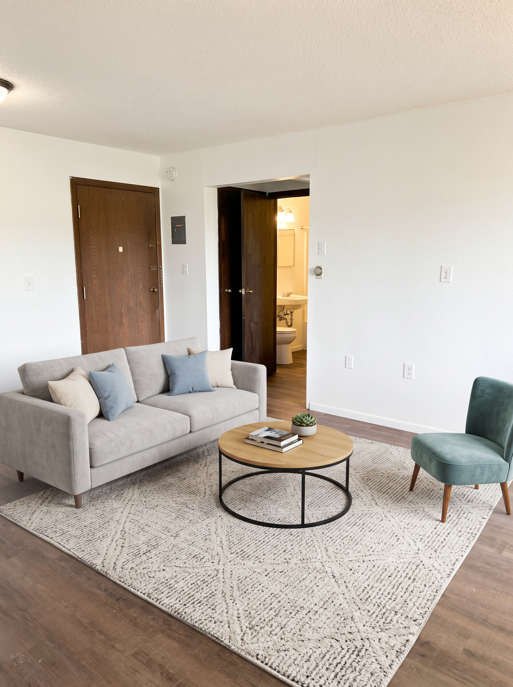 Living room with sliding patio door (photo enhanced and virtually staged)